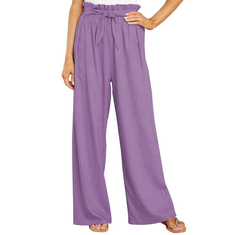 Women's paper bag pants | knotted tie wide leg casual lounge pants