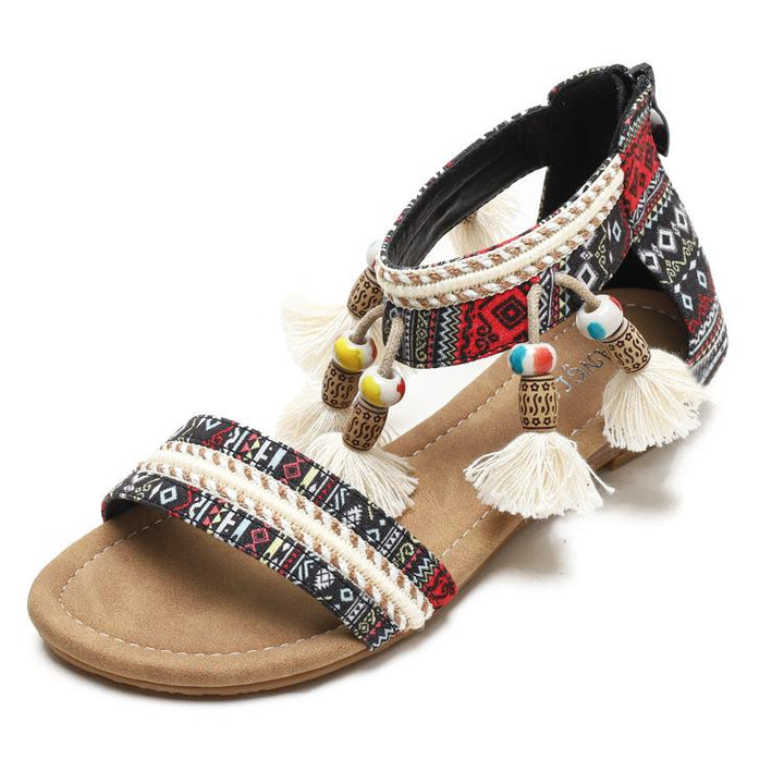 Women's boho beads poms sandals flat beach sandals