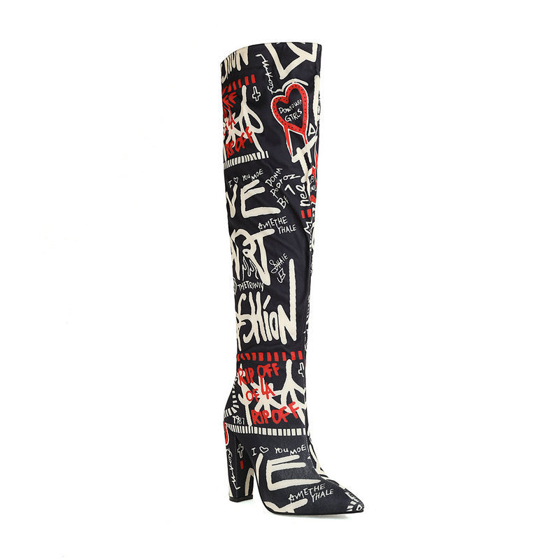 Women's colorful printed thigh high boots Chunky high heels pointed toe over the knee boots