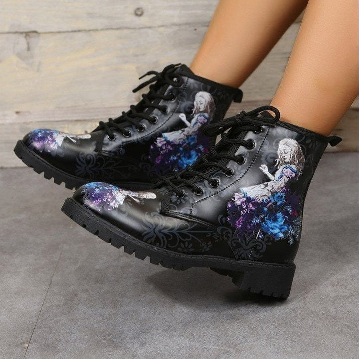 Women's black cartoon firgue printed ankle booties low heels combat boots lace-up