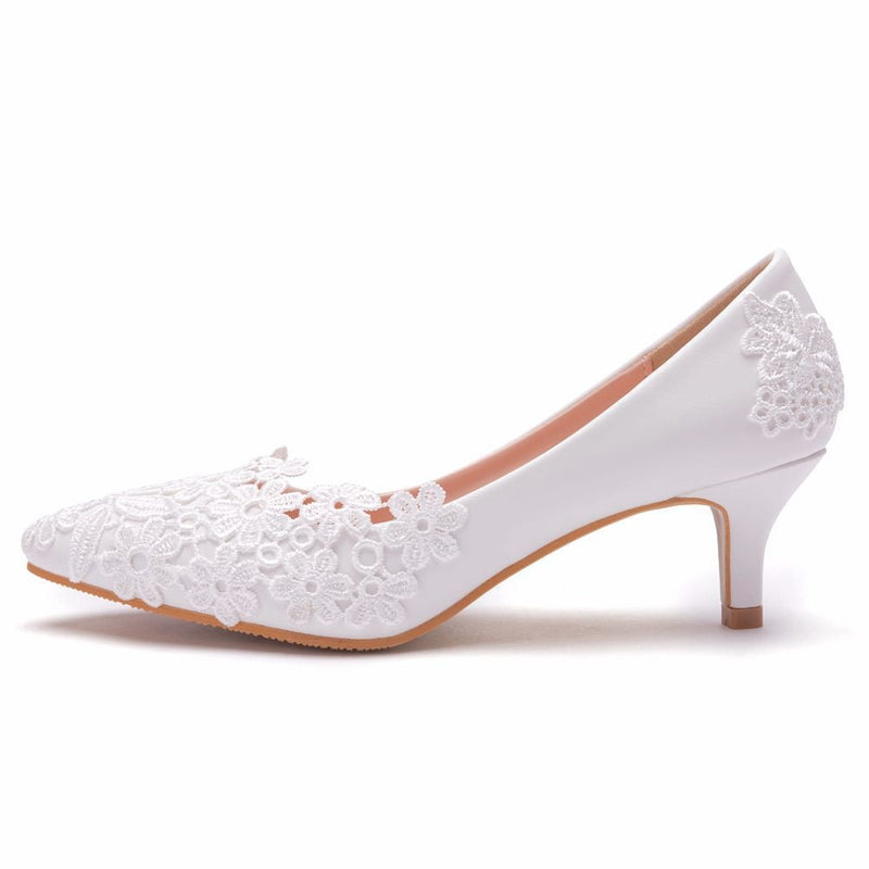 White floral lace kitten heeled wedding pumps elegant bridal shoes