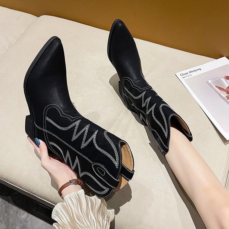 Women retro embroidery pointed toe block heel mid calf cowboy boots