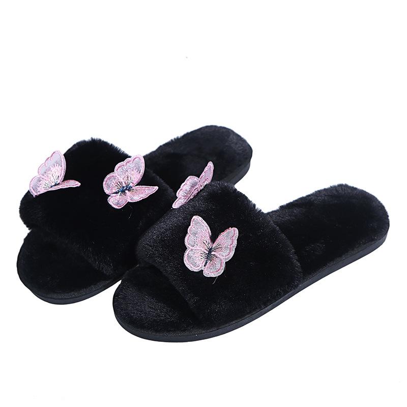 Women's cute butterfly faux fur slippers winter indoor shoes