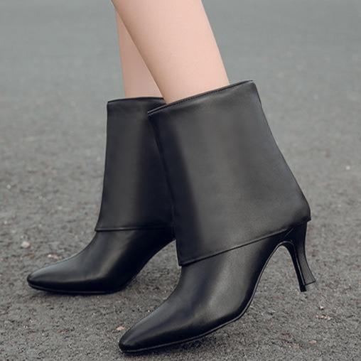 Women black fold-over mid calf trouser boots stiletto | high heels mid calf boots