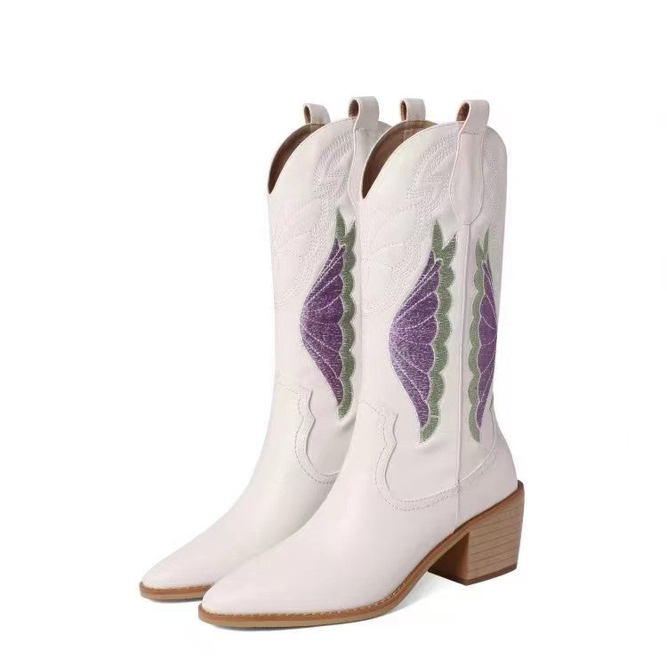 Women's embroidery white mid calf cowboy boots slip on block heels western boots