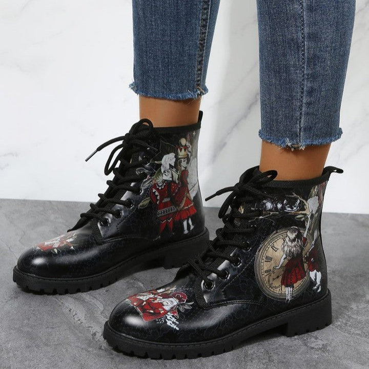 Women's vintage black cartoon firgue boots lace-up combat booties Halloween ankle boots