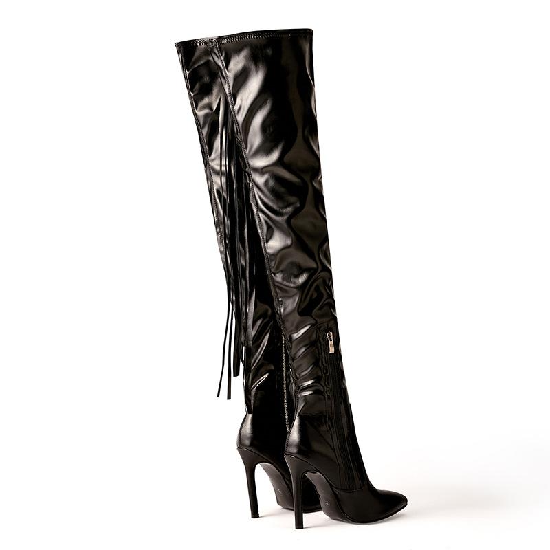 Women's black slim fit PU patent leather tassels thigh high boots