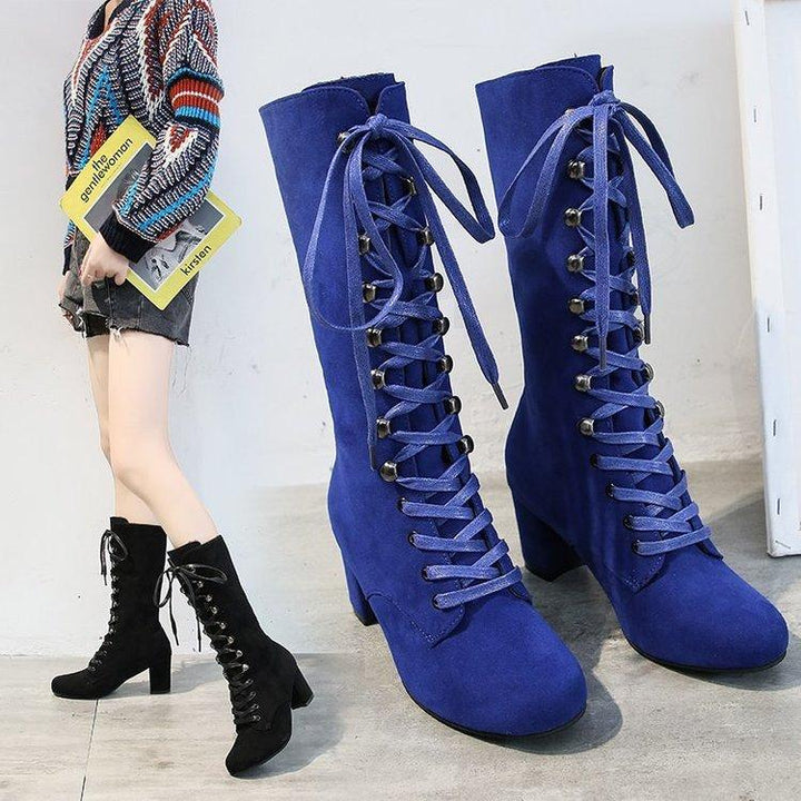 Faux suede lace-up chunky high heel tall boots for women