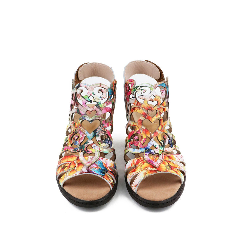 Women's ethnic floral print peep toe chunky sandals