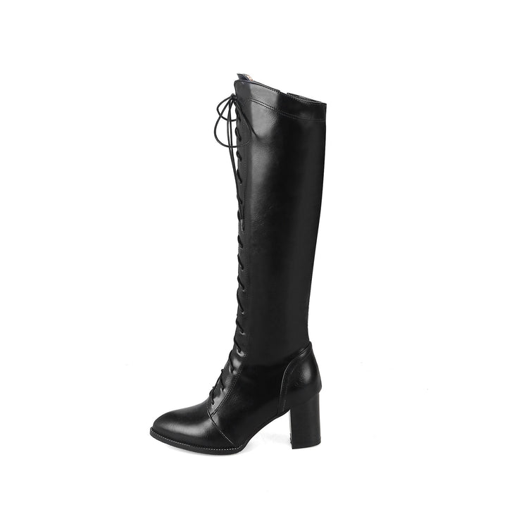 Pointed toe lace-up block heel knee high boots for women