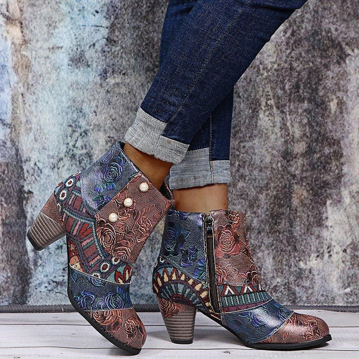 Women's boho ethnic multicolor floral patchwork chunky ankle booties