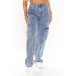 Women high-waisted baggy cargo jeans loose wide-leg jeans with multiple pockets