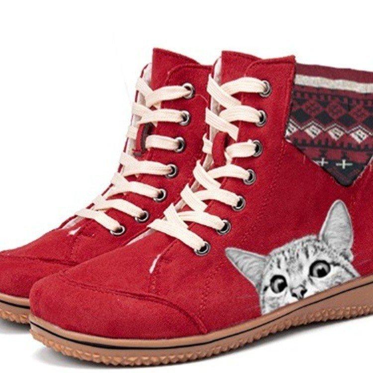 Women's cute cat print lace-up boots