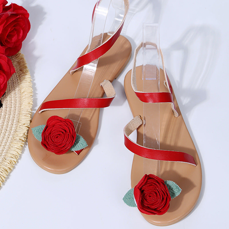 Red rose toe ring strappy sandals women's summer flat beach sandals