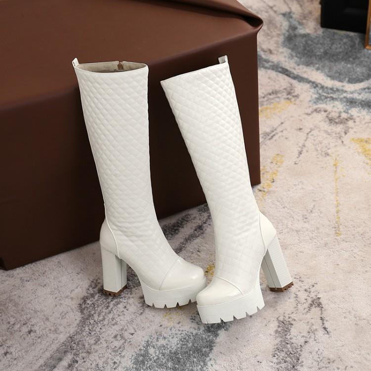 Women quilted PU leather chunky high heeled knee high boots