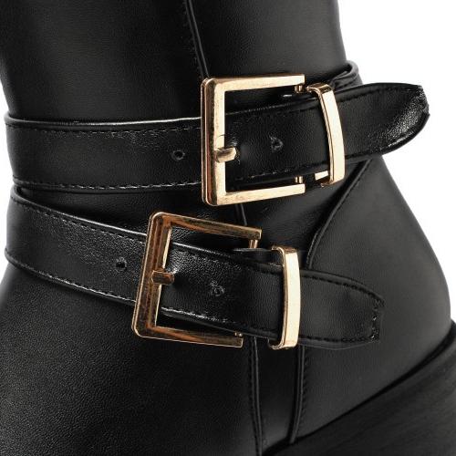 2 buckle straps knee high boots slim fit knight boots