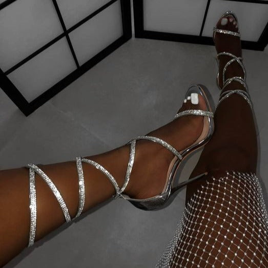 Sexy silver rhinstone shining ankle criss cross strappy heels Women's party club heels
