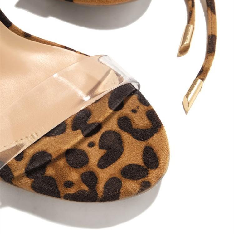 Women's leopard clear strap ankle lace-up chunky heels
