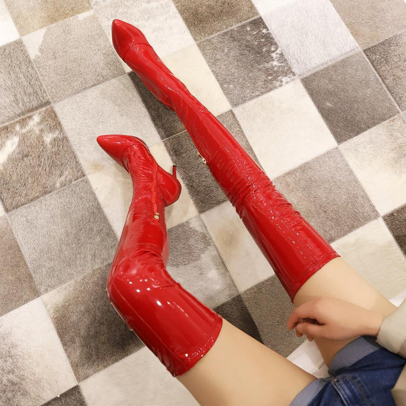 Sexy red PU patent leather elastic thigh high boots