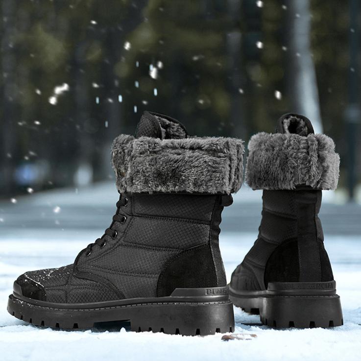 Thick plush lined mid calf snow boots for men | Anti-skip low heel boots for outdoors hiking