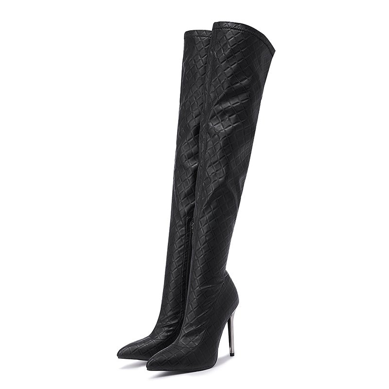 Women's qulited black stretchy stiletto thigh high boots | Sexy pointed toe over the knee boots
