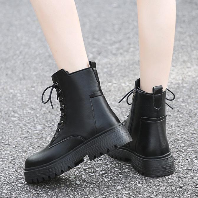 Women chunky low heel side zipper platform front lace ankle combat boots