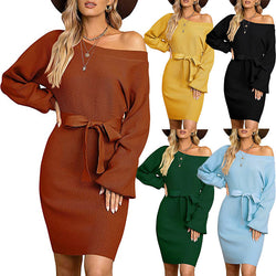 Women's knitted one off-shoulder bodycon mini dress with belt fall winter knit hip wrap dress