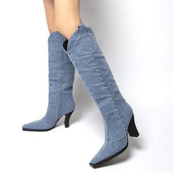 Women blue denim chunky high heels cowboy boots