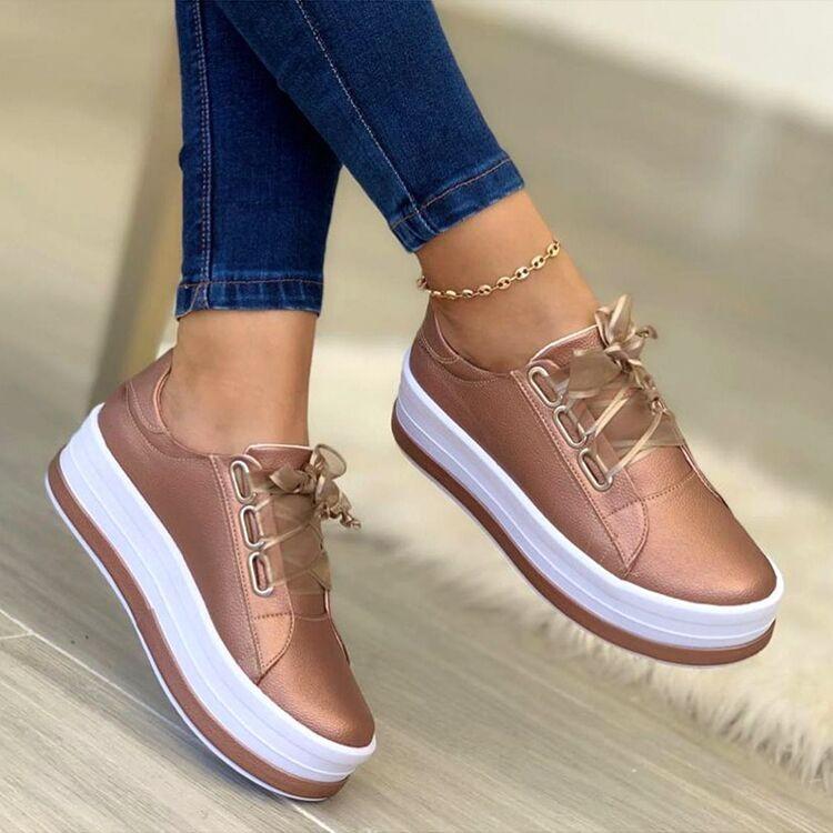 Chunky platform round toe lace-up sneakers shoes for women