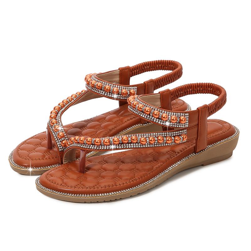 Pearls rhinestone elastic band sandals summer boho flat beach sandals