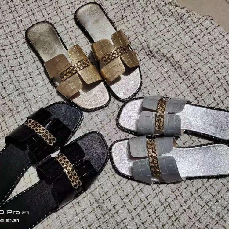 Women's peep toe metal chain arch support flat slide sandals