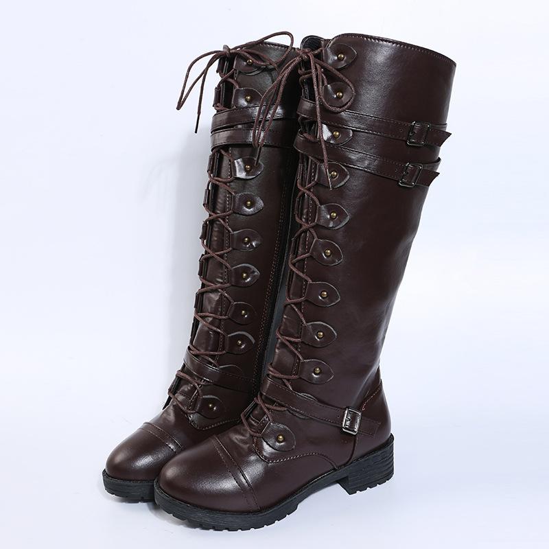 Lace-up tall knight boots low heel