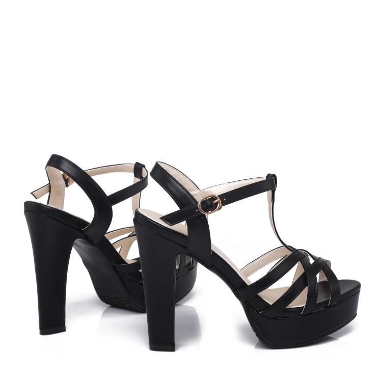 Women's peep toe T-strap chunky ankle strap heels with buckle strap