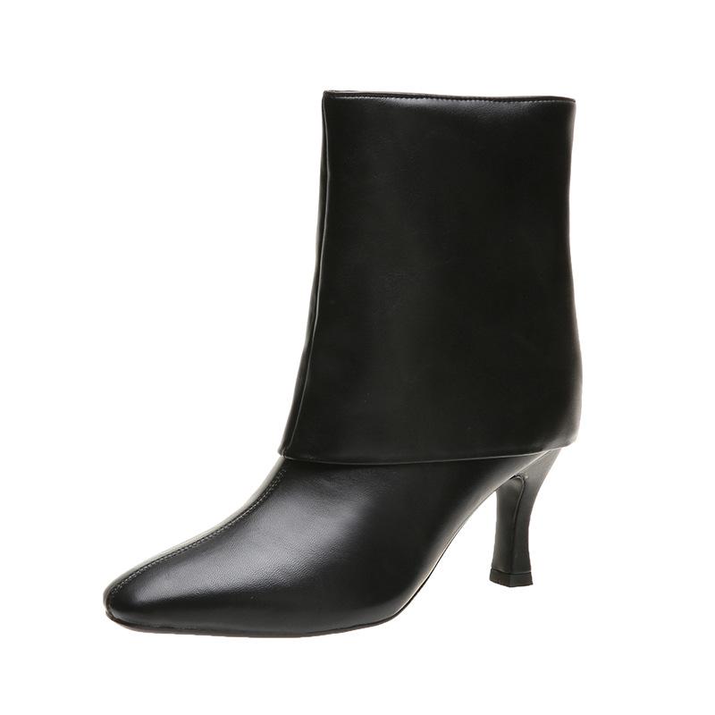 Women black fold-over mid calf trouser boots stiletto | high heels mid calf boots