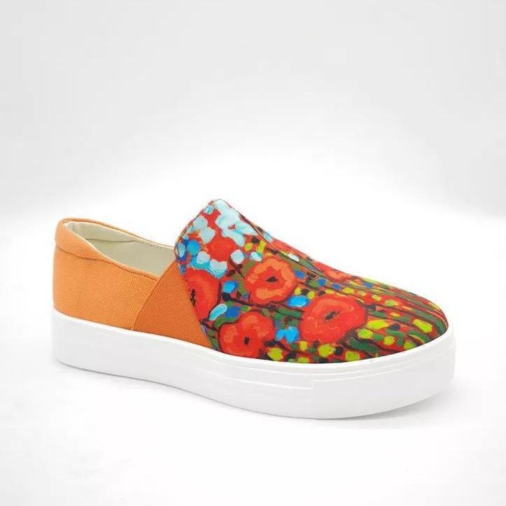 Women's cute floral print slip on chelsea canvas platform sneakers