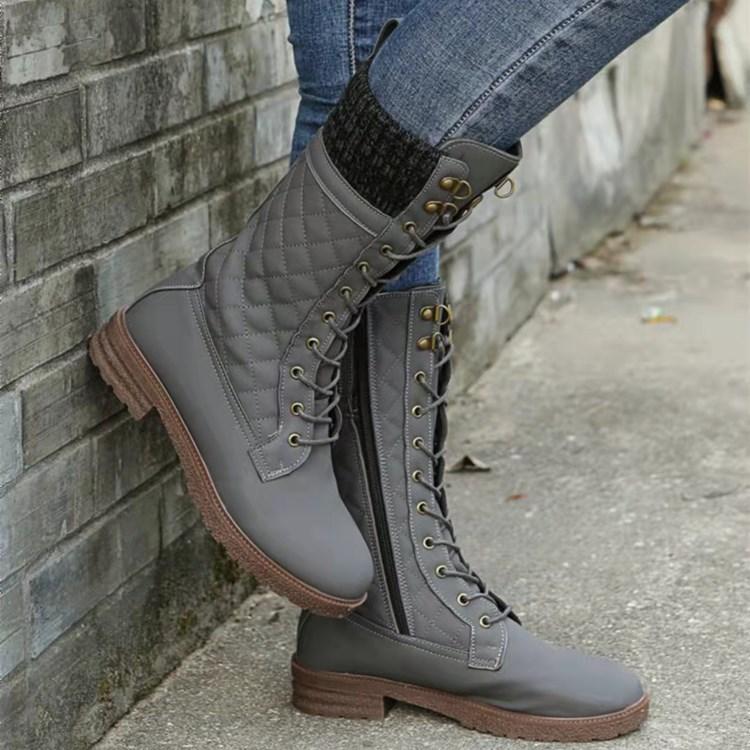 Sweater cuff low heel lace-up mid calf biker boots