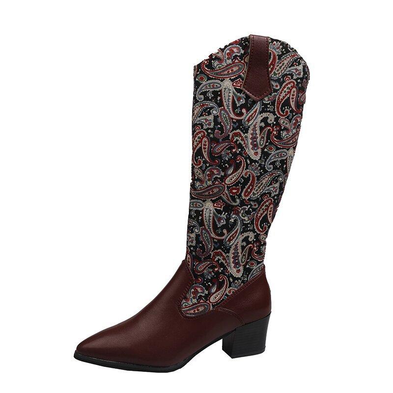 Ethnic floral embroidery tall boots pointed toe block heel knight boots