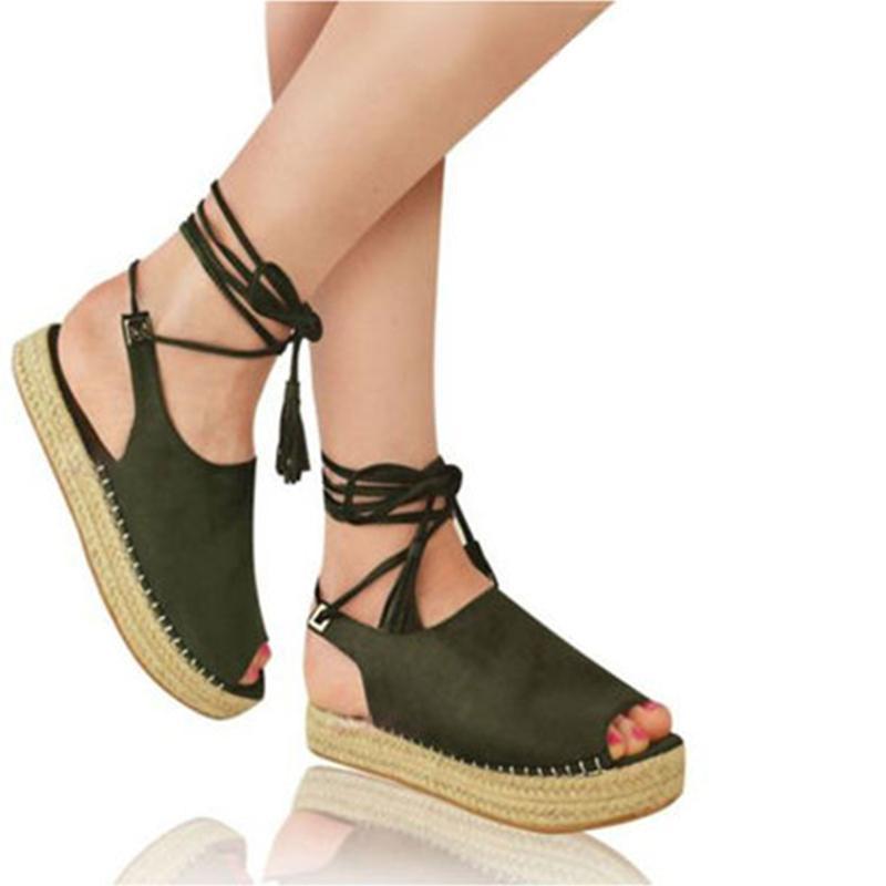 Women's peep toe tie- up espadrille platform sandals