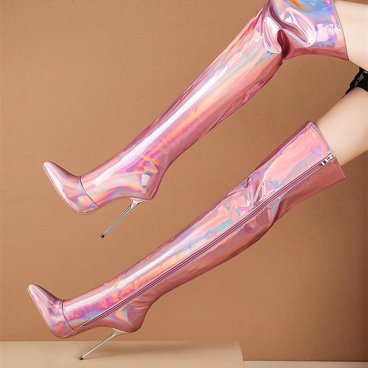 Women's sexy shining metal mirror stiletto thigh high boots for party & nightclub