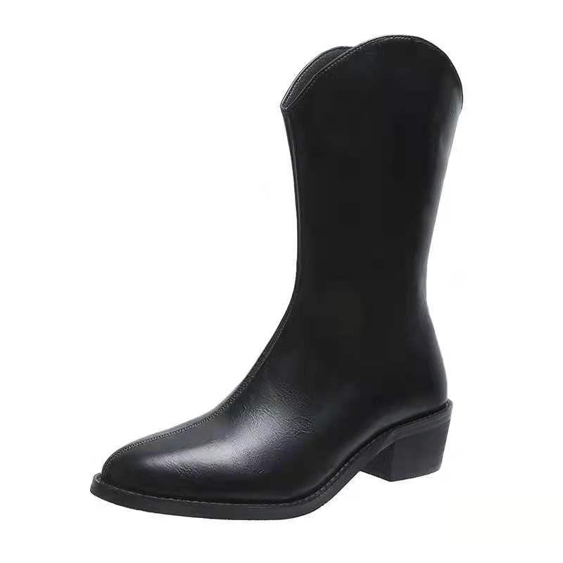 Solid color pointed toe mid calf boots with side zipper