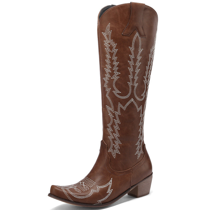 Women's flower embroidery block heels knee high cowboy boots retro western boots