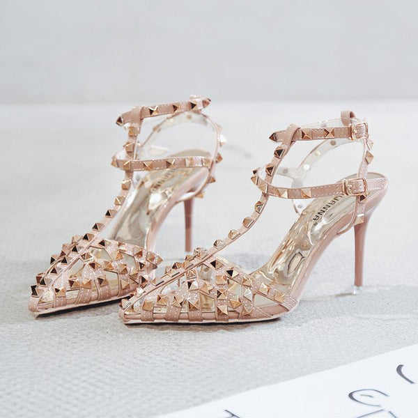 Women steampunk studded pointed closed toe T-strap buckle stiletto heels