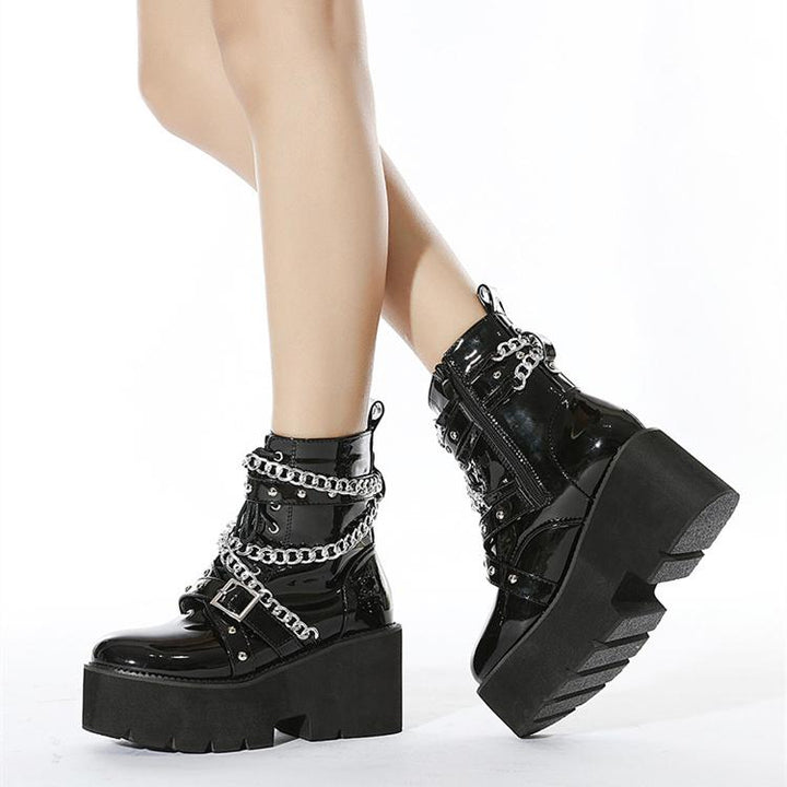 Women black punk metal chains thick platform chunky booties