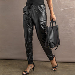 Women's black PU leather cropped drawstring pants