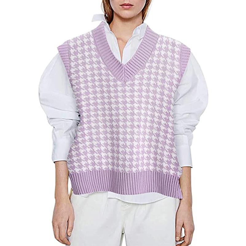 Women plaid knitted v neck houndstooth sweater vest