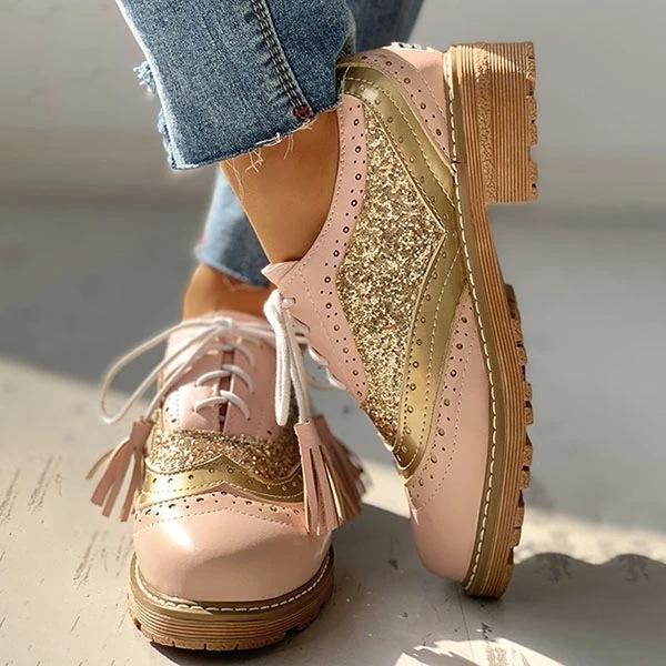 Women's rhinestone patchwork retro front lace chunky oxfords shoes