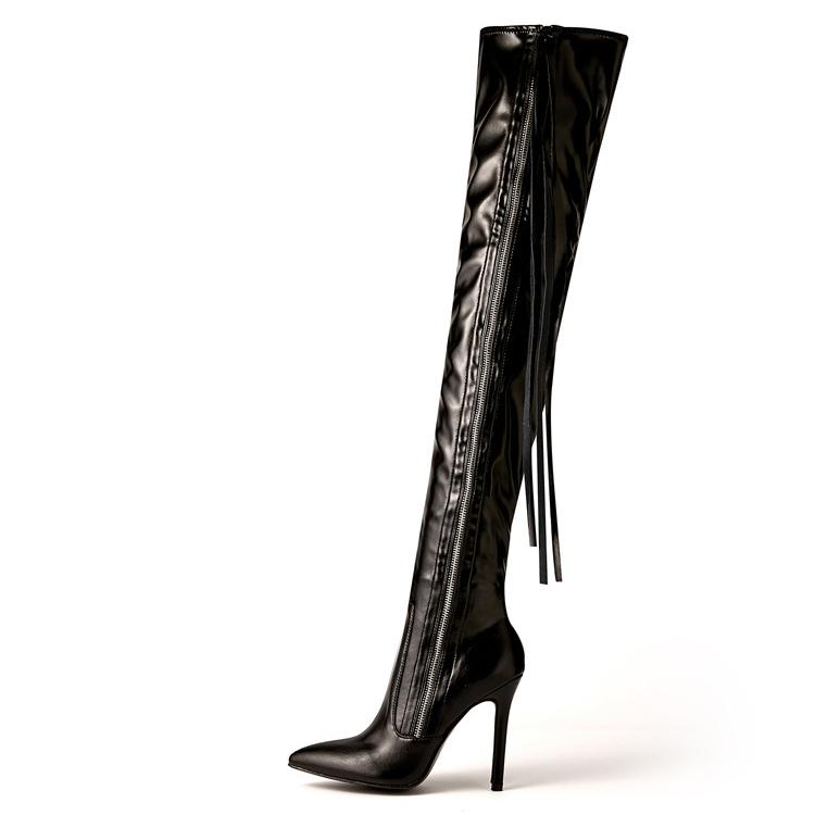 Women's black slim fit PU patent leather tassels thigh high boots
