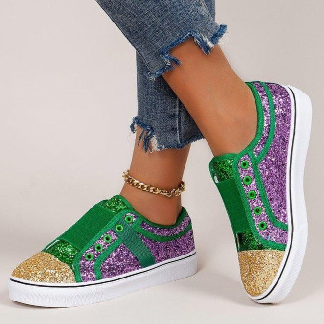 Women's colorful patchwork rhinestone glitter slip on canvas shoes - Fashionshoeshouse