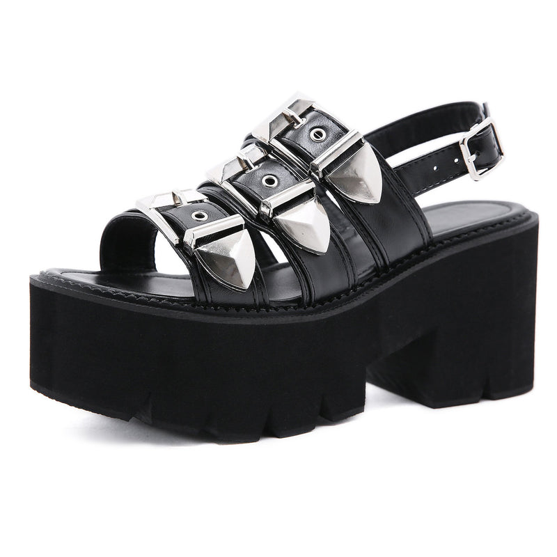 Women's black chunky thick platform peep toe steampunk sandals