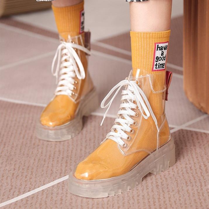 Women's transparent jelly mid calf chunky platform lace-up boots